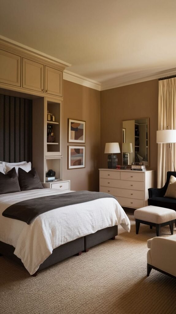 Bedroom with warm brown walls and light carpet, featuring built-in overhead cabinetry and open storage niches above a bed with a dark upholstered headboard section.
