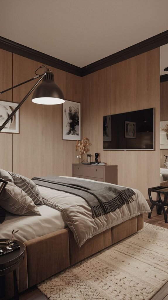 Modern bedroom featuring warm vertical wood paneling covering the walls, a low upholstered bed, a wall-mounted television, and a large black industrial floor lamp.