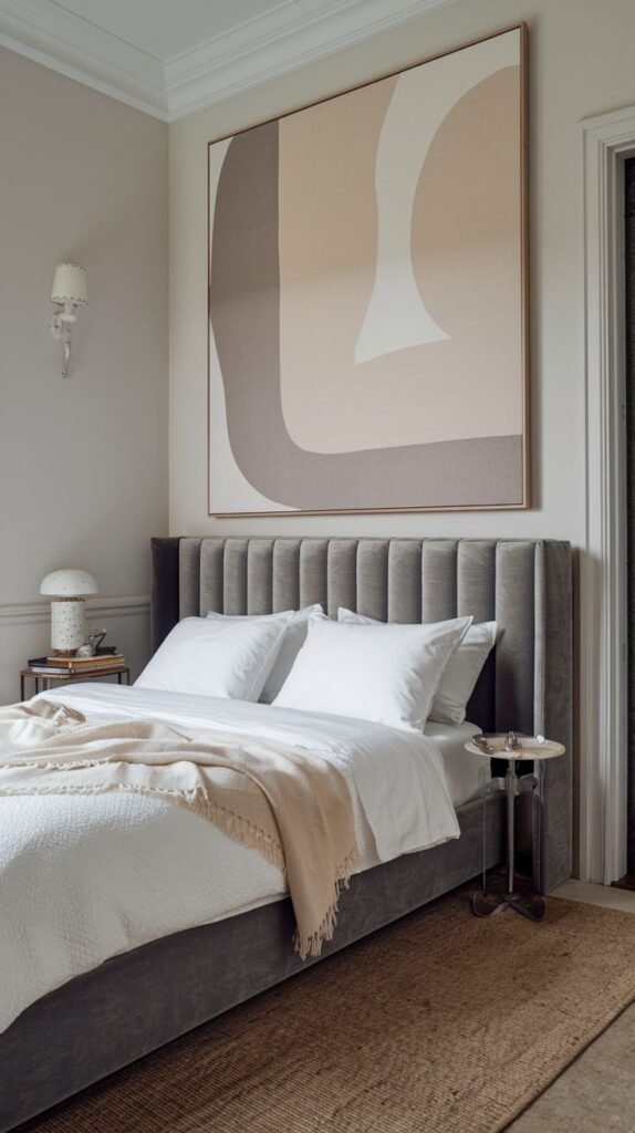 Elegant bedroom anchored by an oversized, tall channel-tufted gray upholstered headboard, topped by a large abstract artwork in neutral tones.