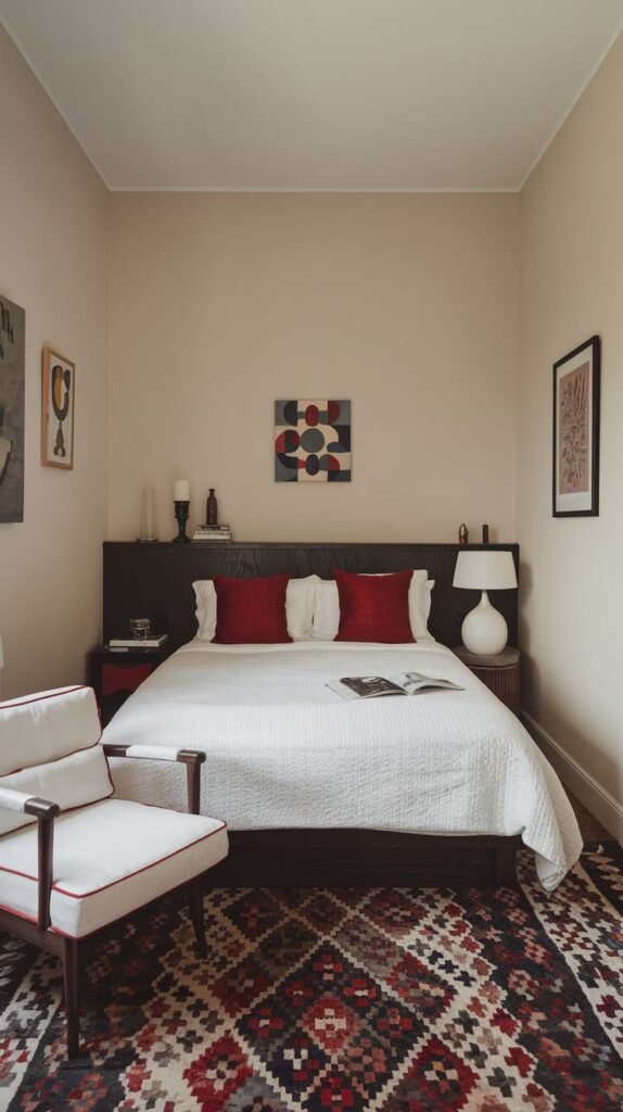 Small bedroom featuring a dark wood bed frame and a dominating, vibrant geometric area rug in red, black, and cream, accented by red throw pillows.