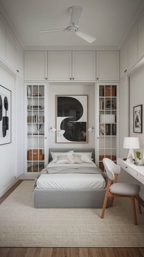 Highly functional, bright white bedroom with extensive built-in storage and upper cabinetry surrounding the bed, glass-front bookshelves, and an adjacent white desk.