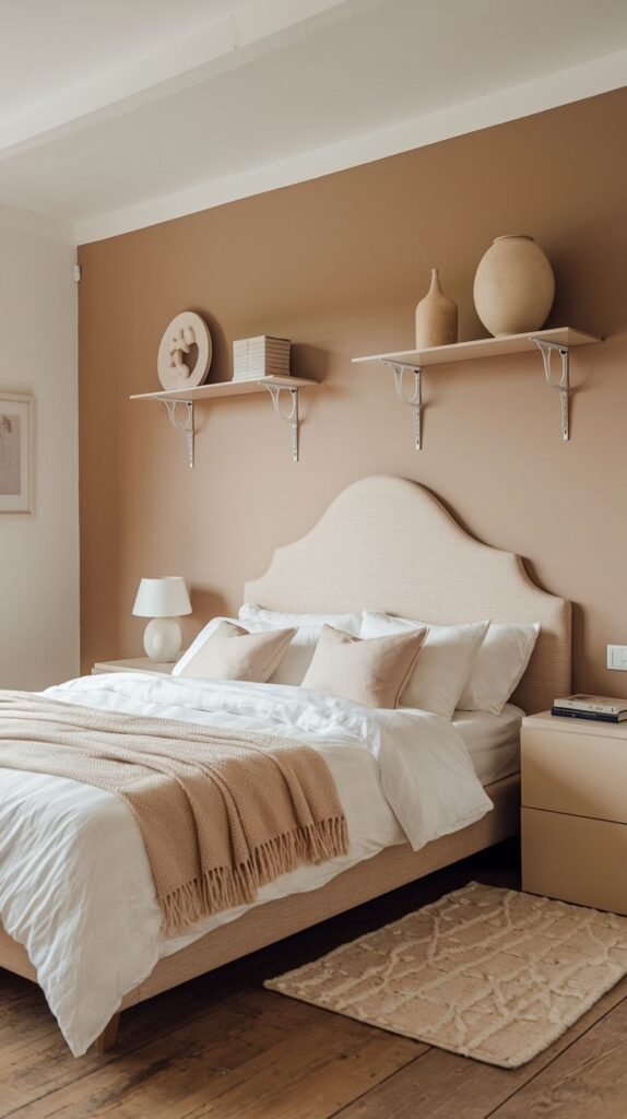 Soft monochromatic bedroom featuring an upholstered bed with an arched headboard, two cream-colored floating shelves above, and a textured beige rug on wood floors.