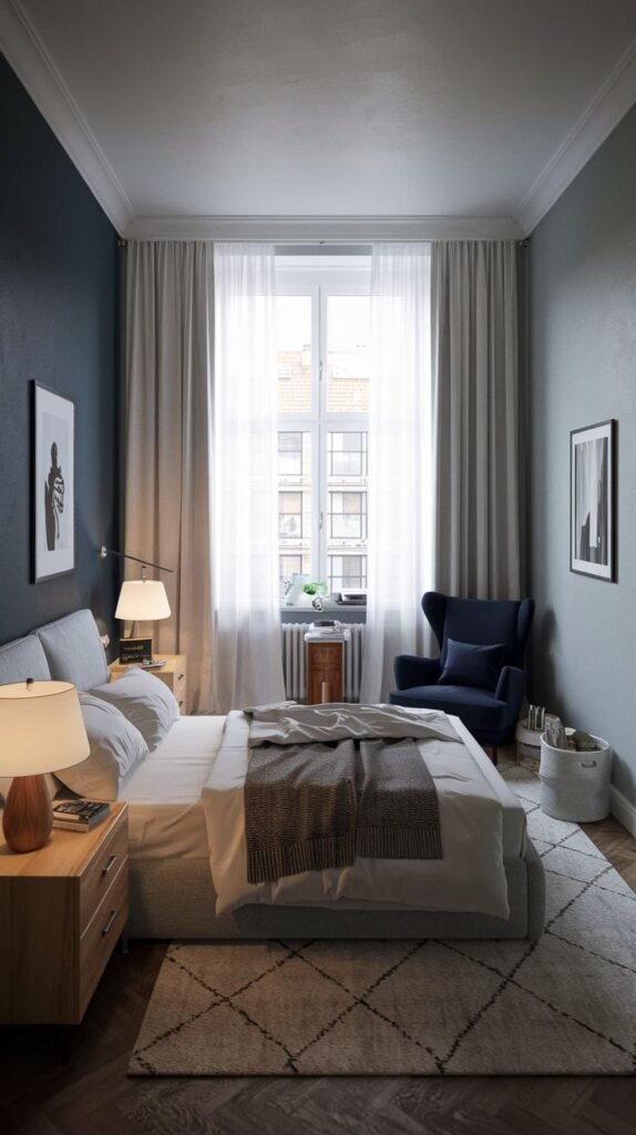 Calming bedroom featuring deep blue-gray walls, light hardwood floors, a prominent window with sheer curtains, and a dark navy wing chair in the corner.