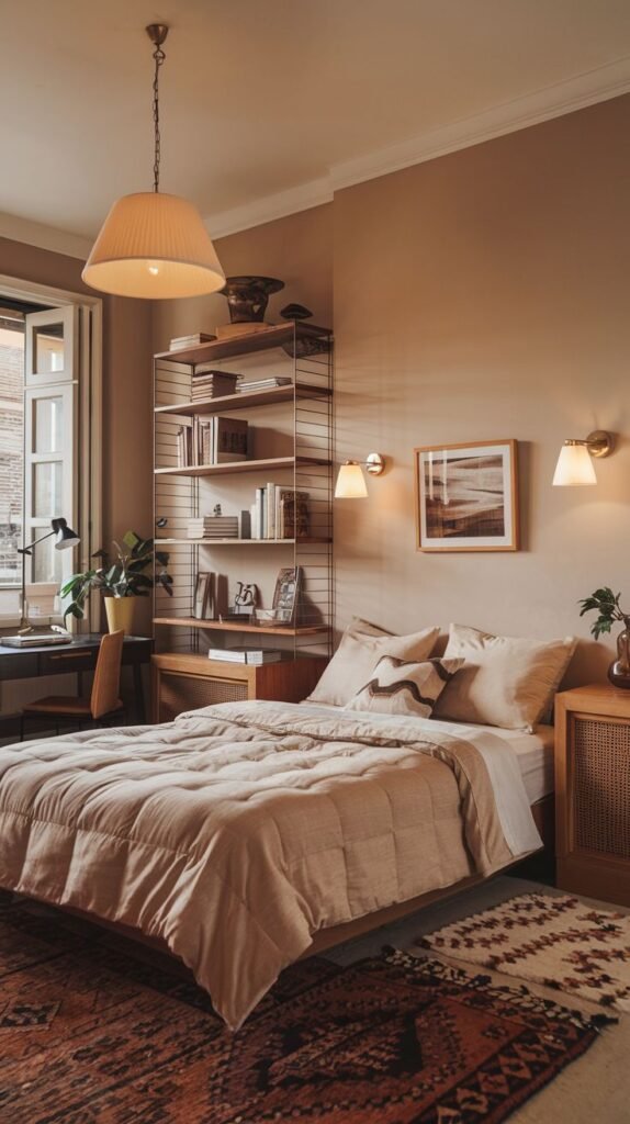 Warm-toned bedroom with brown walls, centered by a large pleated ceiling pendant light, featuring a modular wall shelving system and traditional wood furniture.