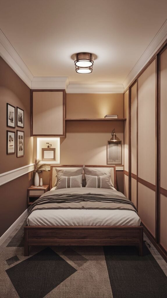 Narrow bedroom maximizing space with integrated light wood sliding wardrobe panels and built-in upper cabinets and shelving surrounding the bed.
