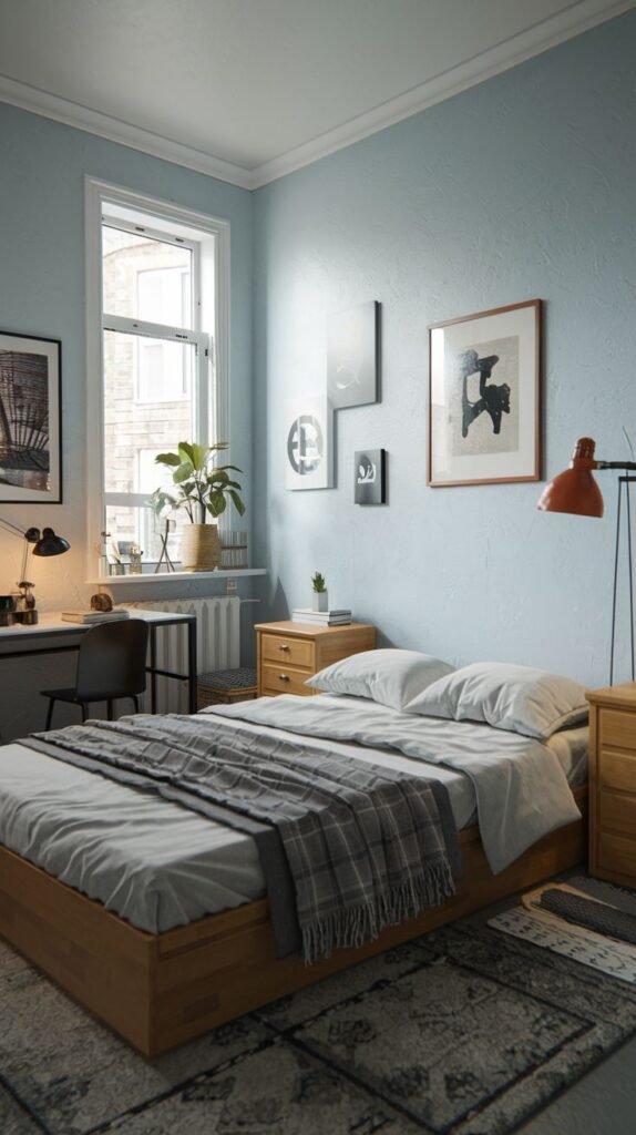 Cheerful bedroom with light blue walls, a wood platform bed, a gallery wall of abstract art, and a small desk positioned near a bright window.