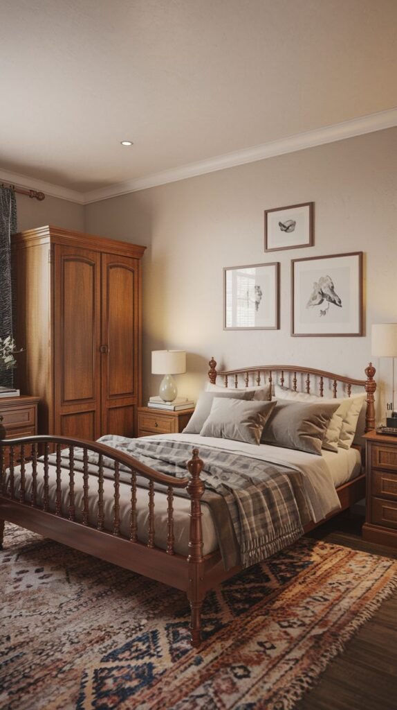 Traditional cozy bedroom with dark wood furniture, including a detailed bed frame and a large armoire, anchored by a colorful, layered Persian-style rug.