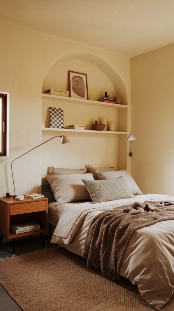 Monochromatic beige bedroom featuring a large, architectural arched built-in wall niche above the bed used for shelving and display.