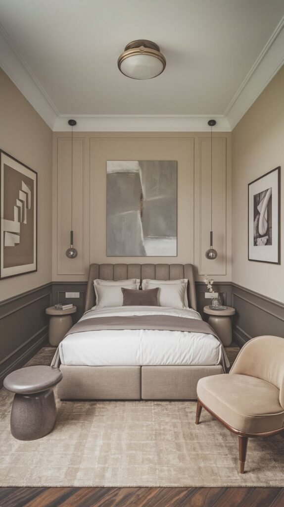 Symmetrically designed bedroom featuring two-toned walls with paneling, an upholstered bed framed by matching round side tables, and vertical pendant lights.