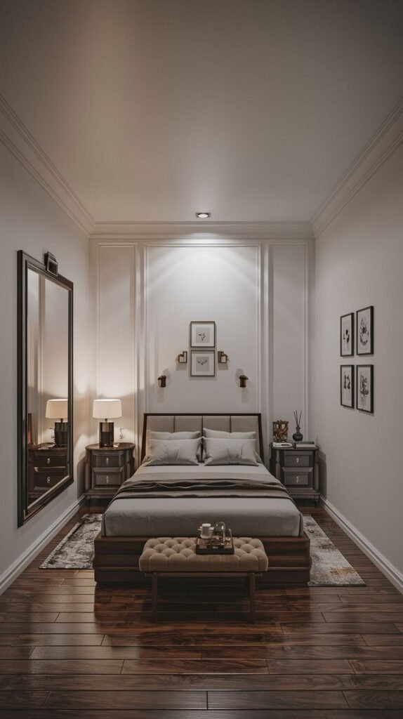 Classic bedroom featuring rich, dark wood flooring, white paneled walls, a large framed mirror, dark wood furniture, and a tufted bench at the foot of the bed.
