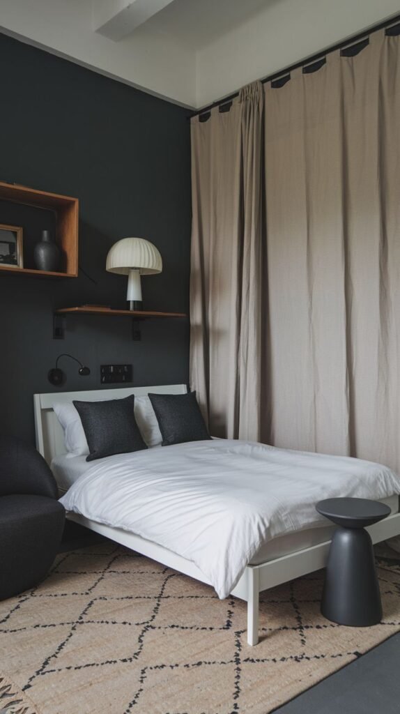 Moody bedroom featuring deep charcoal walls, a white bed, exposed wood box shelving, a large beige privacy curtain, and a dark side stool.