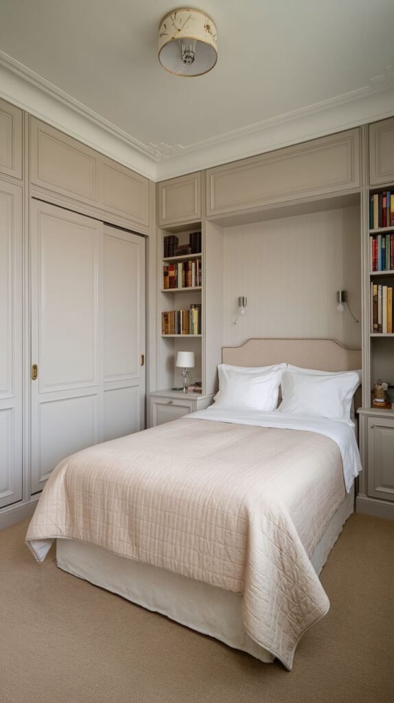 Bedroom defined by an integrated, floor-to-ceiling taupe storage system, encompassing surrounding cabinets, bookshelves, and large sliding wardrobe doors, framing a small upholstered bed.