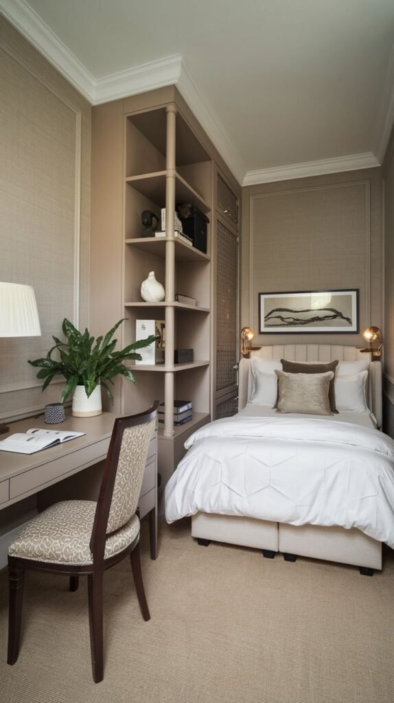 A sophisticated, narrow bedroom in neutral taupe tones. A built-in shelving unit divides the space, positioning a desk and patterned upholstered chair in the foreground next to a large potted plant and an upholstered bed behind the desk area.