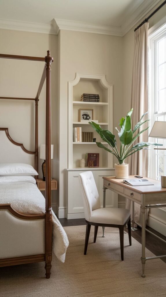 A traditional bedroom space featuring a four-poster wooden bed and a light wood desk. The desk is paired with an upholstered white chair and sits adjacent to a built-in white shelf niche with a scalloped top.