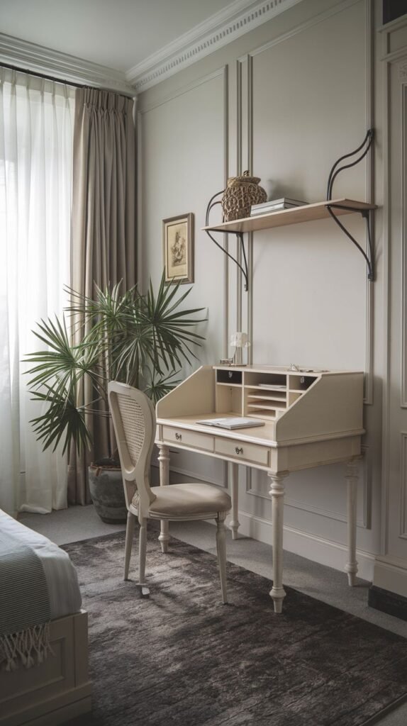 A classic, light beige secretary desk with integrated desktop organization, placed against a paneled wall. A cane-back chair provides seating, and an ornate floating shelf with dark metal supports is mounted above the desk. A large potted plant sits nearby on a dark rug.