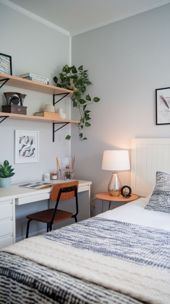 A corner workspace setup with a white desk and a wood/metal chair next to a white beadboard headboard. Two wooden floating shelves supported by black brackets are mounted above the desk, holding books, decor, and trailing ivy.