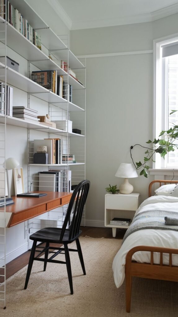A highly organized room showcasing a full wall-sized white modular shelving unit that incorporates a dark wood desk surface and extensive storage. A black Windsor chair is positioned at the desk near the window and a wooden bed frame.