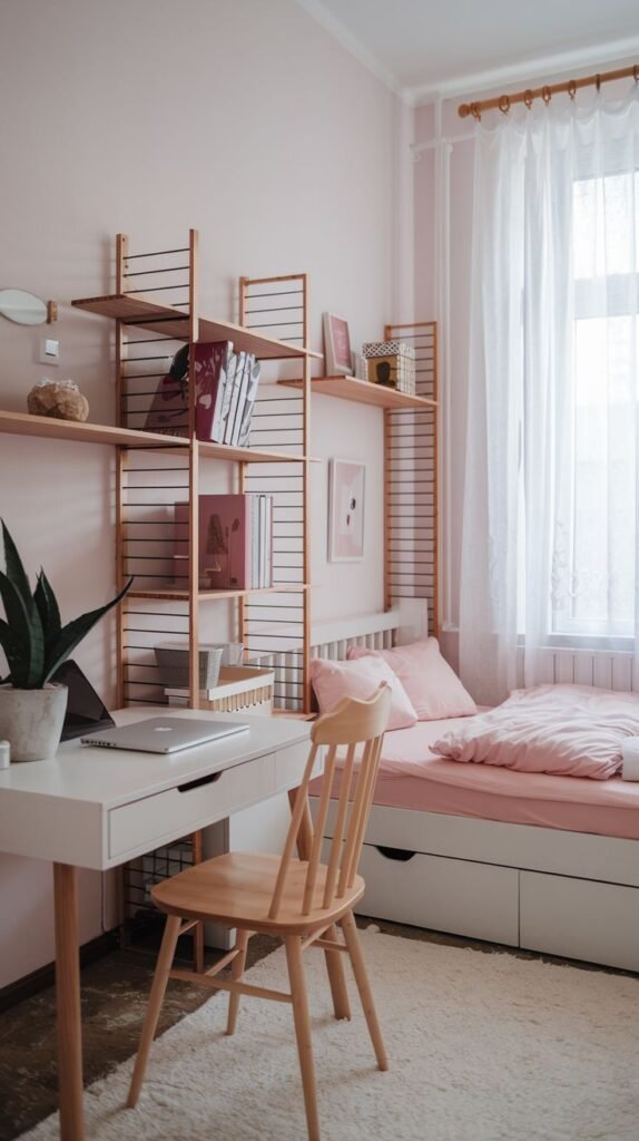 A charming pink-walled room with a white desk and a light wooden chair. The desk sits below a modular shelving unit with light wood accents. The single bed maximizes space with large storage drawers built into its base.