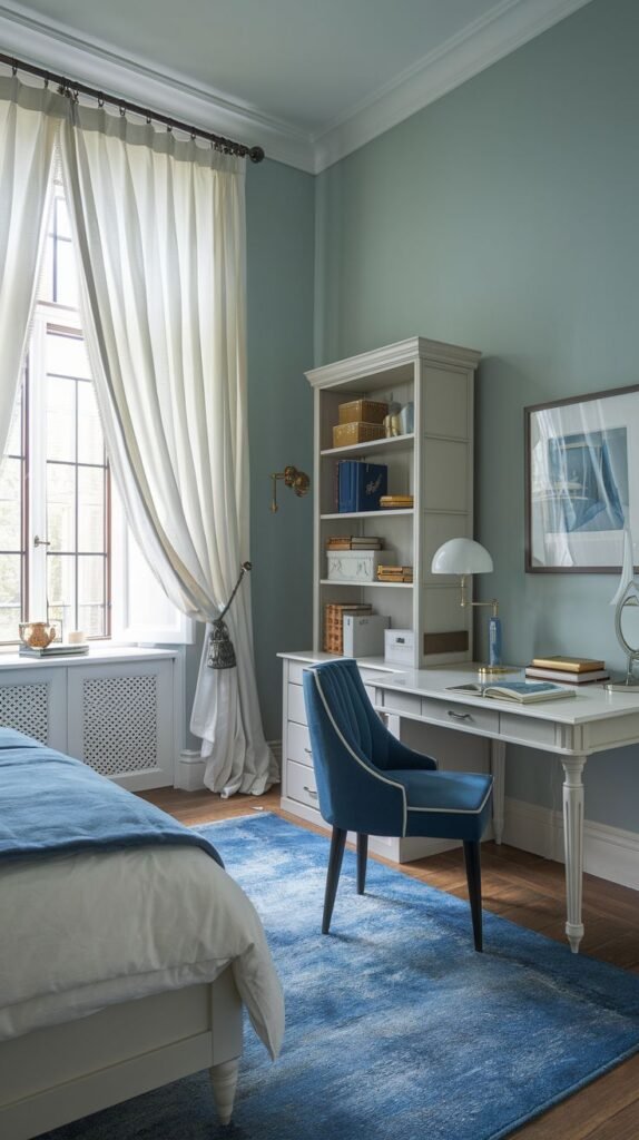 A traditional study nook with soft blue-green walls. A large white desk is paired with a deep blue velvet chair. Next to the desk is a tall, integrated light gray bookcase. A large blue patterned rug covers the floor.
