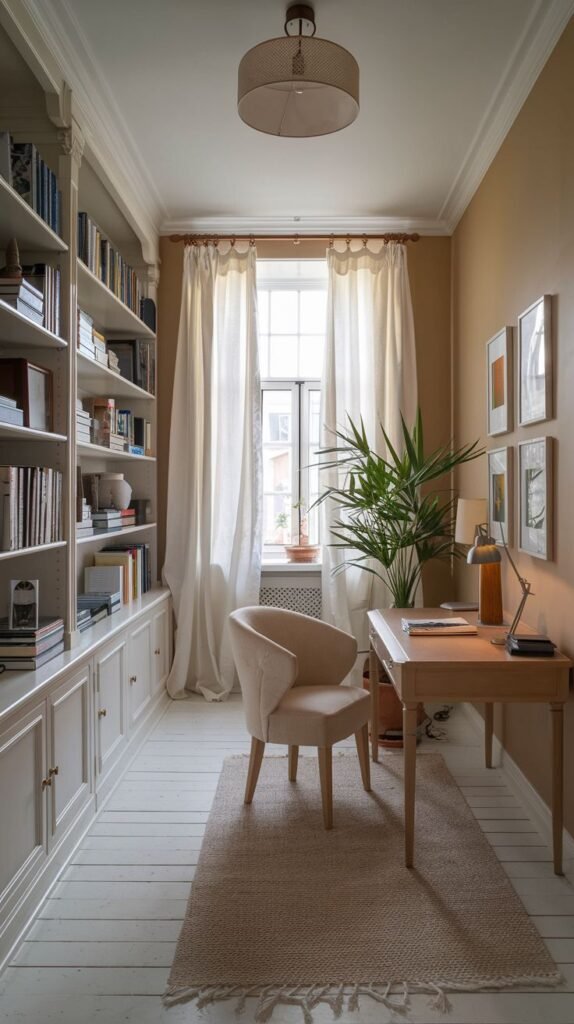 An image depicting a long, narrow room with a library wall featuring built-in, floor-to-ceiling white bookcases. A light wood desk and a curved, plush beige armchair are positioned by a window in the center of the room.