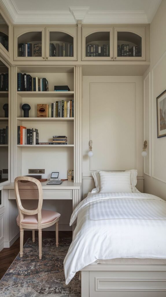 A cozy and elegant built-in unit containing a desk and shelving, placed next to a single bed with storage drawers. The unit features open shelving above the desk and glass-fronted cabinets at the top, all in a creamy neutral tone.