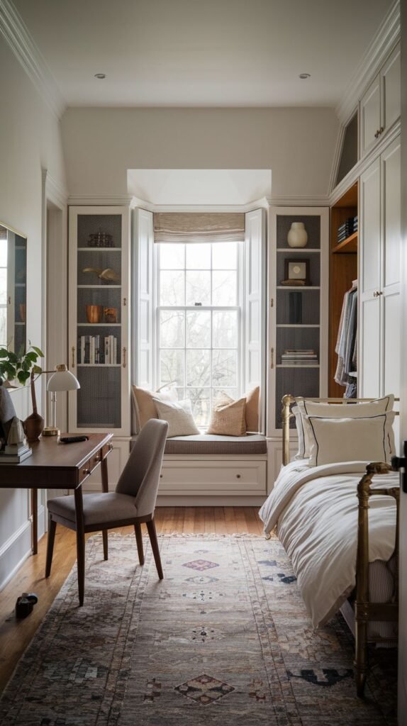 A sophisticated small bedroom with extensive white built-in cabinetry and wardrobes. A dark wood desk and gray upholstered chair are situated near a window bay that incorporates a built-in cushioned window seat.