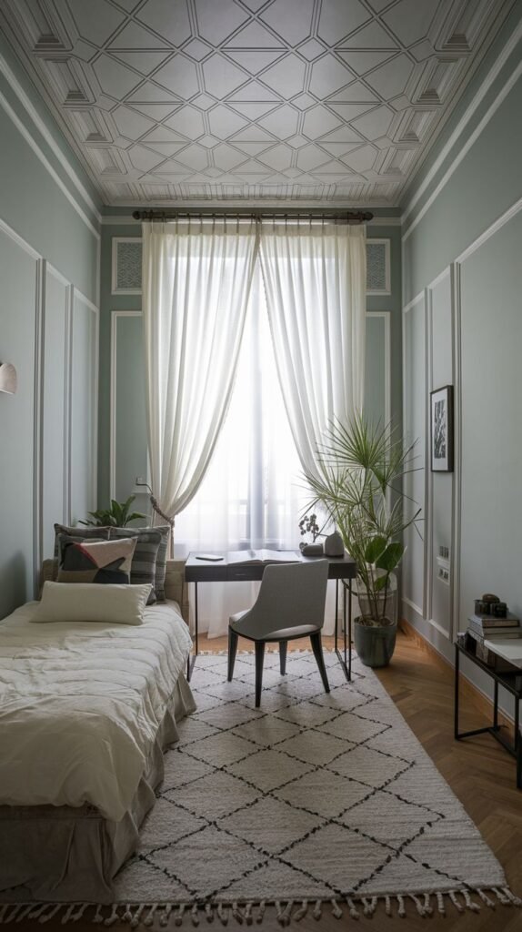 A dramatic small room featuring pale mint green wainscoted walls and a decorative geometric ceiling panel. A slim, dark desk and a gray upholstered chair are centered in front of a tall window draped with sheer white curtains, with a large potted plant placed beside the desk.