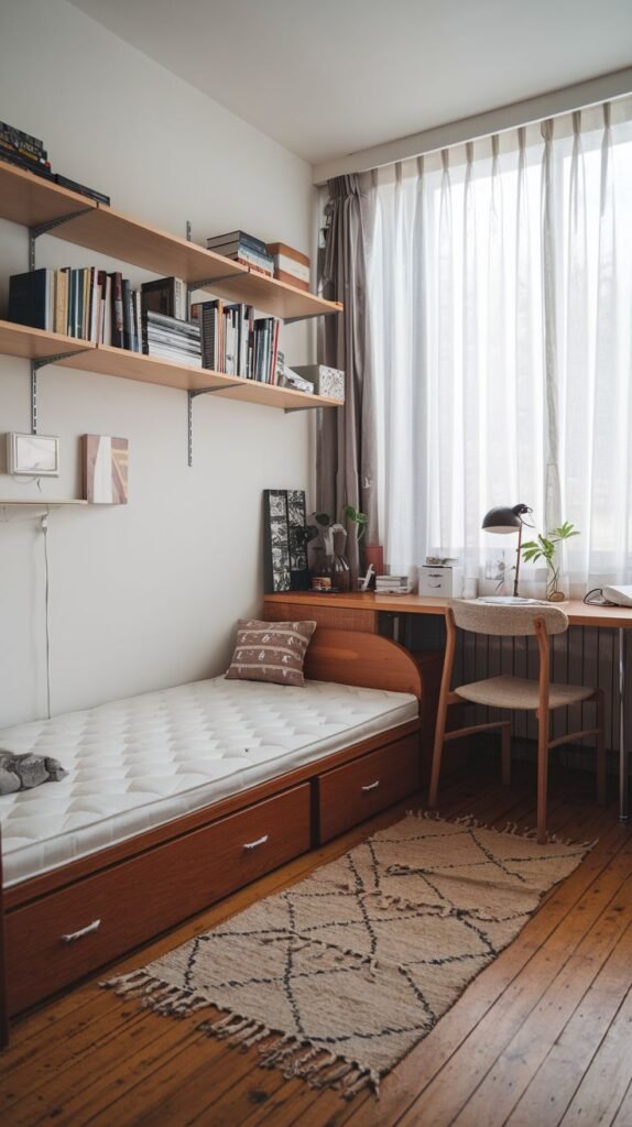 A warm, mid-century inspired room featuring a wooden daybed with built-in storage drawers. Above the bed and an adjacent wooden desk, multiple light wooden floating shelves provide vertical storage.