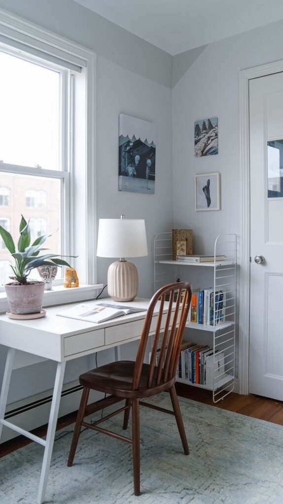 A bright workspace positioned in a corner by a large window. A white desk is paired with a dark wood chair. A small white wire-frame shelving unit stands next to the desk, providing organized storage.