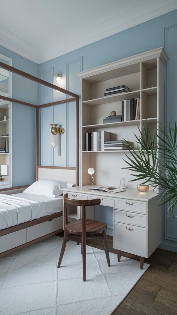 A traditionally styled room with light blue paneled walls. A large integrated desk and bookcase unit in a pale tone is visible in the foreground, adjacent to a wooden four-poster bed frame.