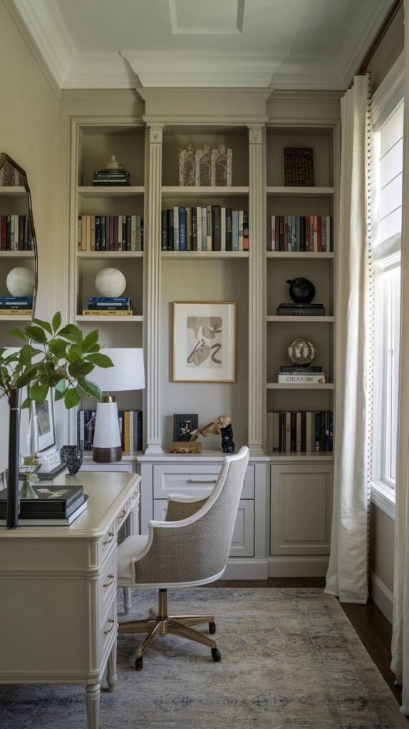 An upscale office nook featuring a detailed white desk with drawers, placed in front of a substantial, floor-to-ceiling built-in bookcase wall painted in a neutral gray-taupe color. A patterned swivel chair sits at the desk.