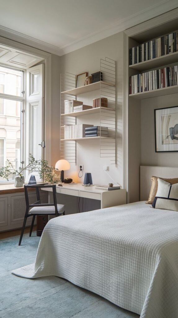 A light-filled room featuring a desk integrated into a modular wall system on the left, contrasting with a built-in recessed bookcase located above the upholstered bed on the right. The room utilizes a calm, pale blue rug.