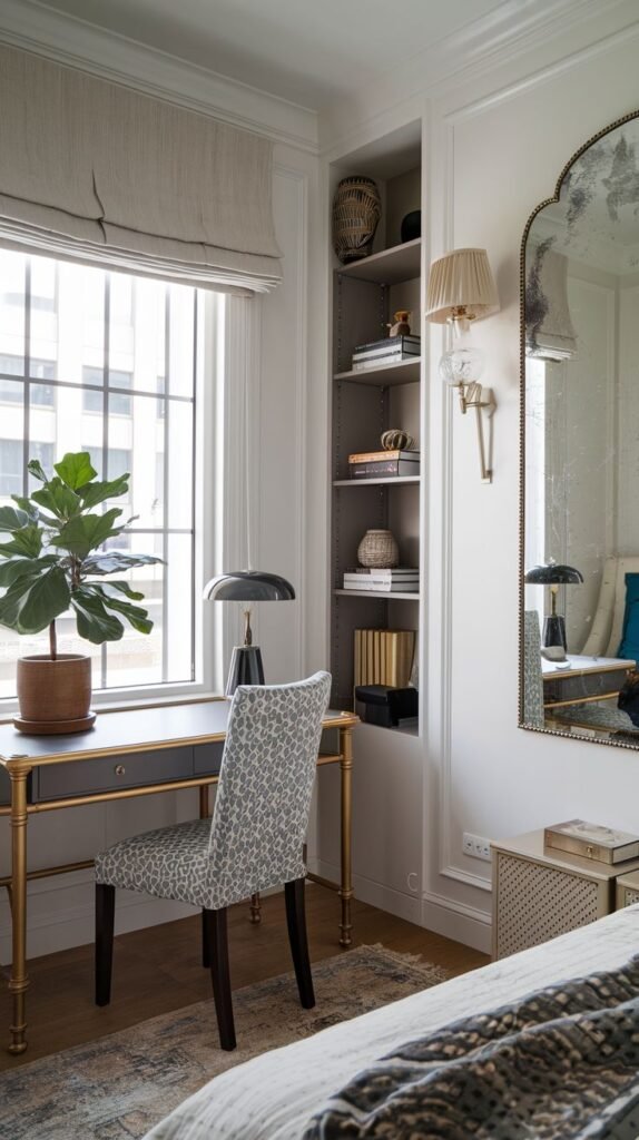 An elegant study area where a desk with a gray top and gold-toned legs is placed under a window. An adjacent narrow alcove is used as built-in shelving, complemented by a large, ornate mirror on the right wall.