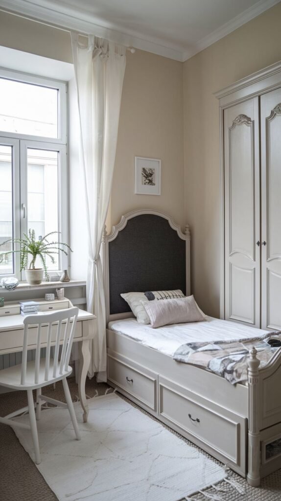 A classically styled room with a light palette. A white desk and matching spindle-back chair sit beneath a window. A single bed with built-in storage drawers is positioned against the wall next to a tall, paneled wardrobe.