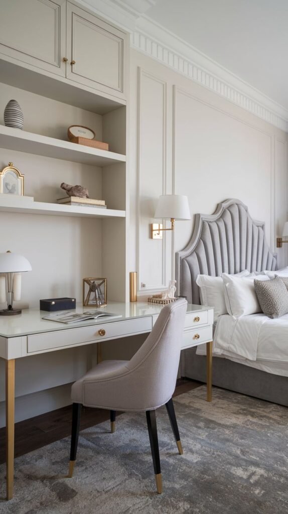 A luxurious bedroom featuring a desk and shelving unit built into the wall adjacent to a tall, channel-tufted velvet headboard. The desk is white with gold legs and is paired with a light gray upholstered chair.