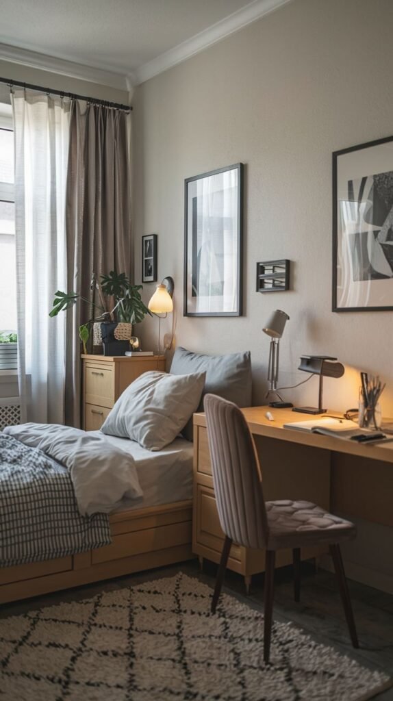 A cozy room showcasing warm wood furniture, including a desk and a bed frame with under-bed storage drawers. A velvet upholstered chair and framed art define the workspace area next to the bed.