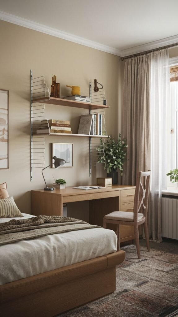 A neutral bedroom featuring a wooden desk with drawers positioned against the wall near a window. Above the desk, two tiers of modular shelves with metal supports hold books and decor. The desk is situated at the foot of a wooden bed frame.