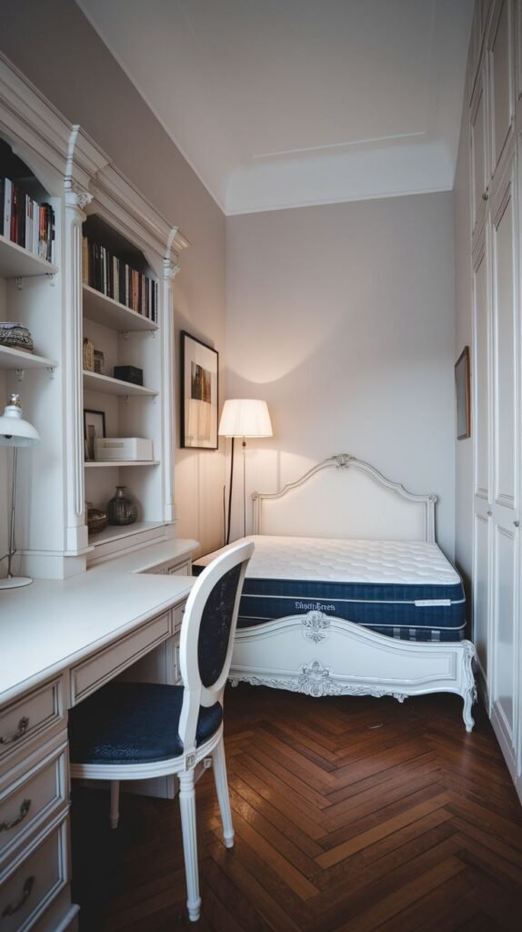 An elegant, traditional bedroom view highlighting a white ornate desk integrated into a large bookshelf system on the left. A classically styled white headboard rests opposite on a dark herringbone wood floor.
