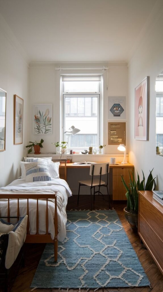 A brightly lit, narrow room with a simple wooden desk positioned under a window, flanked by a wooden twin bed and a chest of drawers. The room is anchored by a vibrant blue rug with a white geometric pattern.