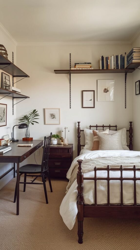 A traditional, cozy room featuring dark wooden furniture, including a desk and a spindle-style bed frame. The walls are decorated with dark floating shelves held by metal brackets, creating storage above both the work and sleep areas.