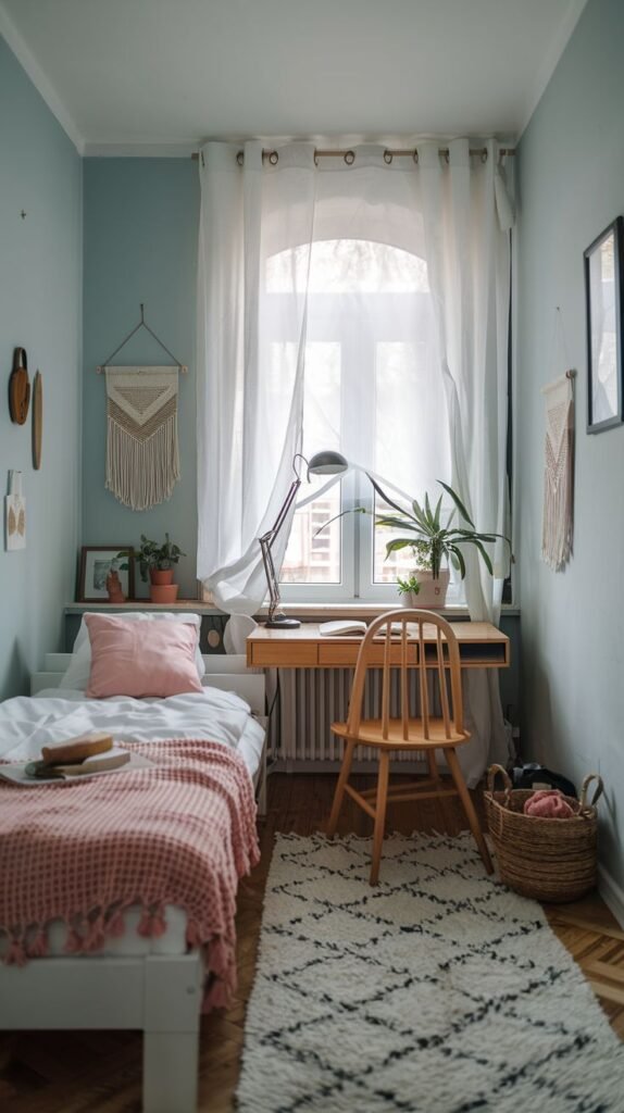 A bohemian-chic room with soft blue-green walls. A wooden desk is placed beneath an arched window with sheer curtains. A macrame wall hanging adorns the wall next to the white bed frame.
