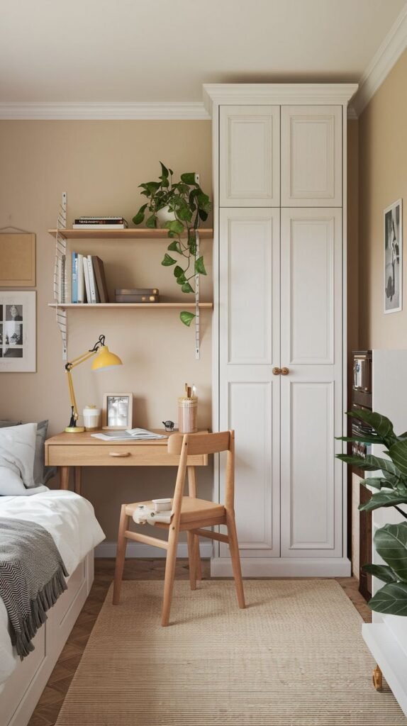 A cozy small bedroom featuring a light wood desk next to a single bed. The desk is topped with a yellow articulated lamp and is situated beneath floating wall shelves supported by white brackets, which hold books and a cascading plant. A tall, white paneled wardrobe stands to the right of the desk.