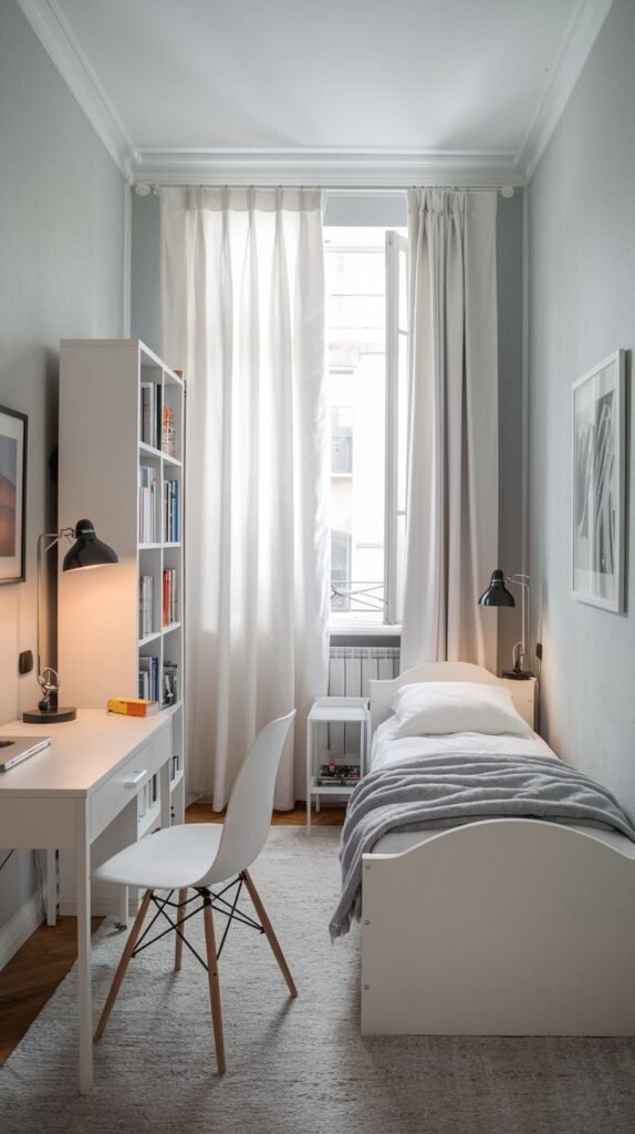 A minimalist and bright small bedroom with light blue-gray walls. A white desk and accompanying white chair stand next to a tall white bookcase. A single bed is positioned by a window covered with full-length white sheer curtains.
