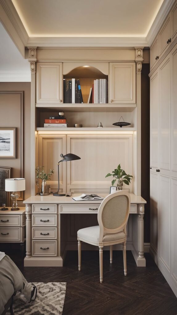 Elegant small bedroom workspace with built-in cream cabinetry, classic molding details, and an upholstered chair placed against dark herringbone flooring.