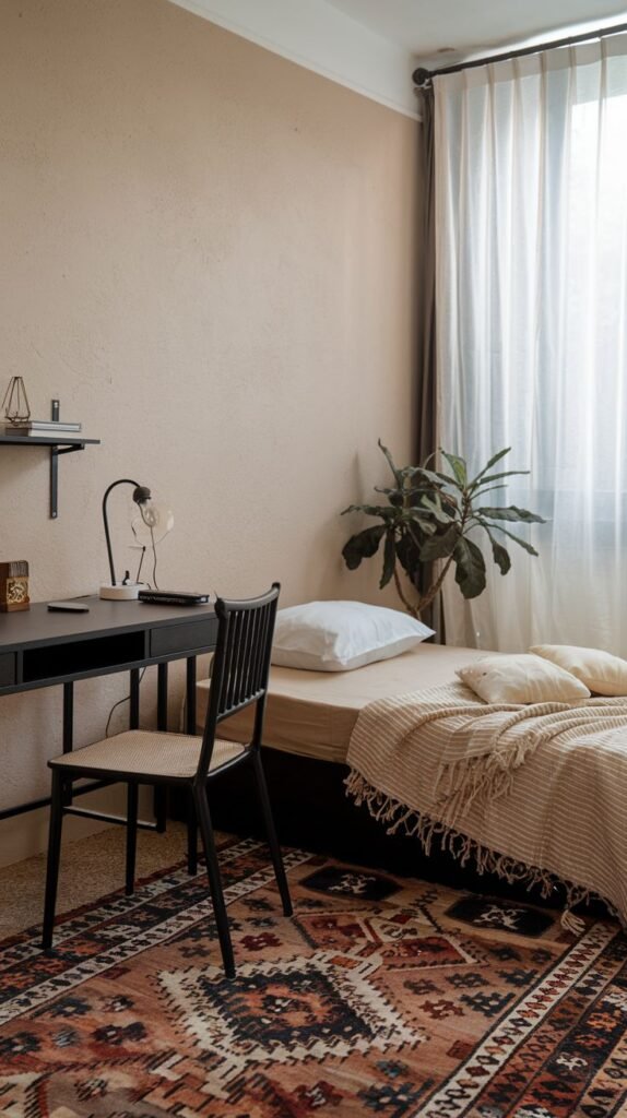 A warm bedroom featuring textured, pale tan walls and a rich, earthy-toned patterned area rug covering the floor. A simple dark desk and cane-back chair sit near the bed, illuminated by a black adjustable lamp, with a small black floating shelf above.