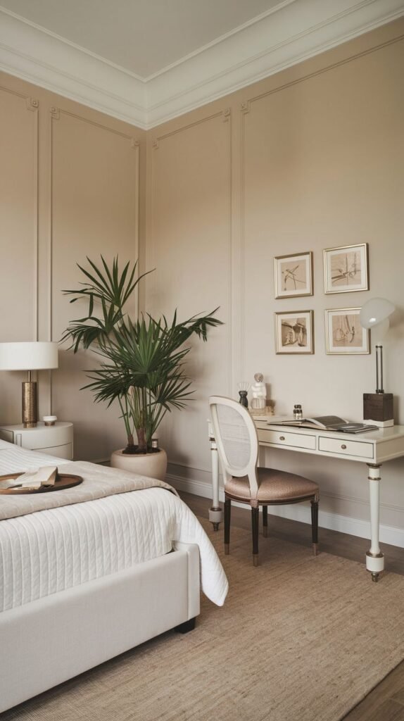 An elegant room with soft beige paneled walls. A delicate white desk with subtle gold accents is positioned next to an upholstered bed. A large potted palm tree is situated between the bed and the desk area.