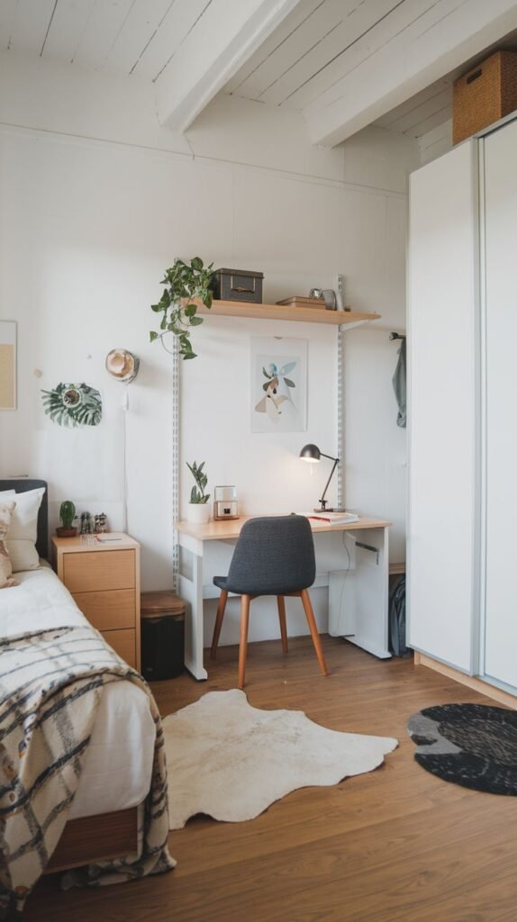 A bright, modern loft-style room featuring wood floors and white walls. A desk surface is part of a metal wall-mounted shelving system. A dark gray chair sits at the desk, adjacent to a twin bed and a tall white sliding-door wardrobe.