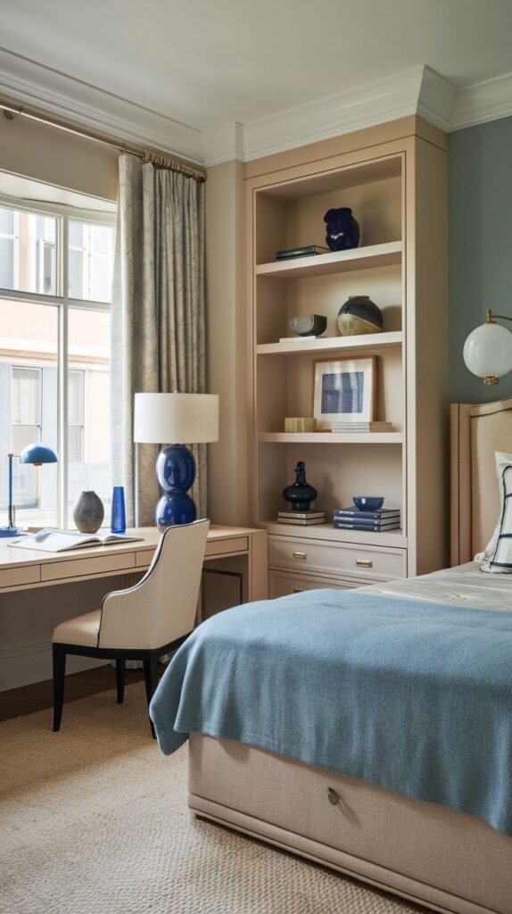 A refined small room in neutral tones accented with blue. A desk is placed directly beneath a window, next to a tall, built-in beige bookcase featuring open shelves and drawers. The upholstered bed is covered with a blue throw blanket.