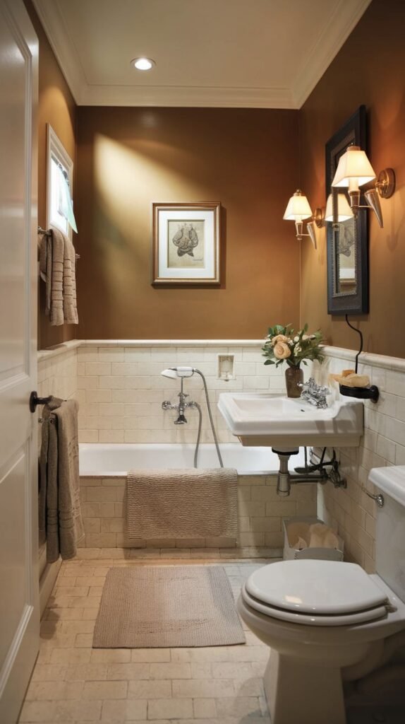 Cozy Small Full Bathroom with rich mocha brown upper walls above white subway tile wainscoting, featuring a tub and a traditional pedestal sink.