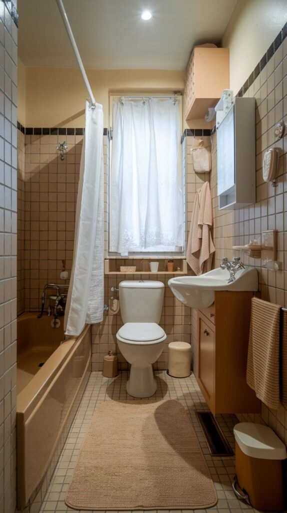 Cozy Small Full Bathroom with continuous beige tile walls, a horizontal black border trim, a small shelf above the toilet, and a tan bathtub.